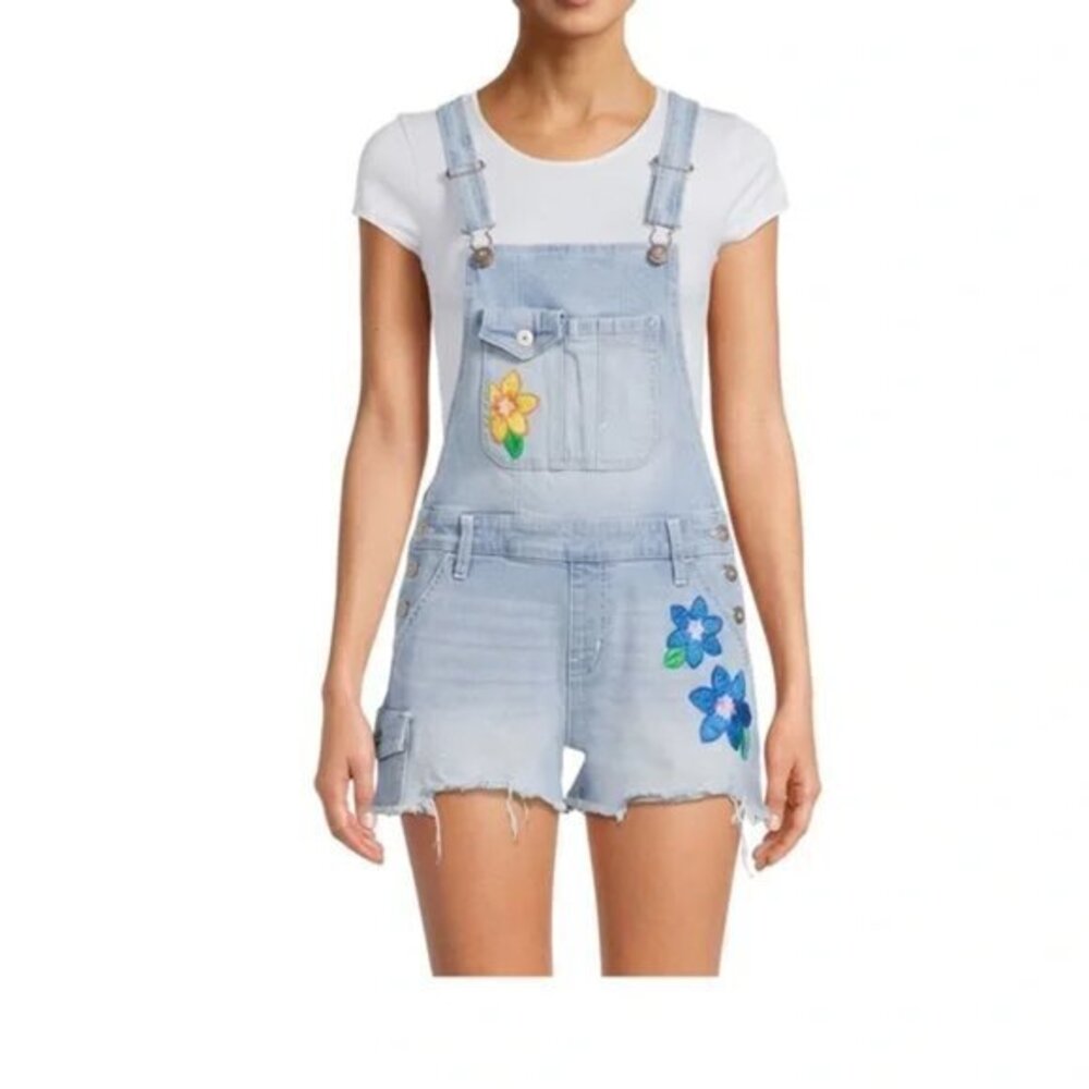 No Boundaries Light Blue Denim Overall Shorts with Floral Embroidery